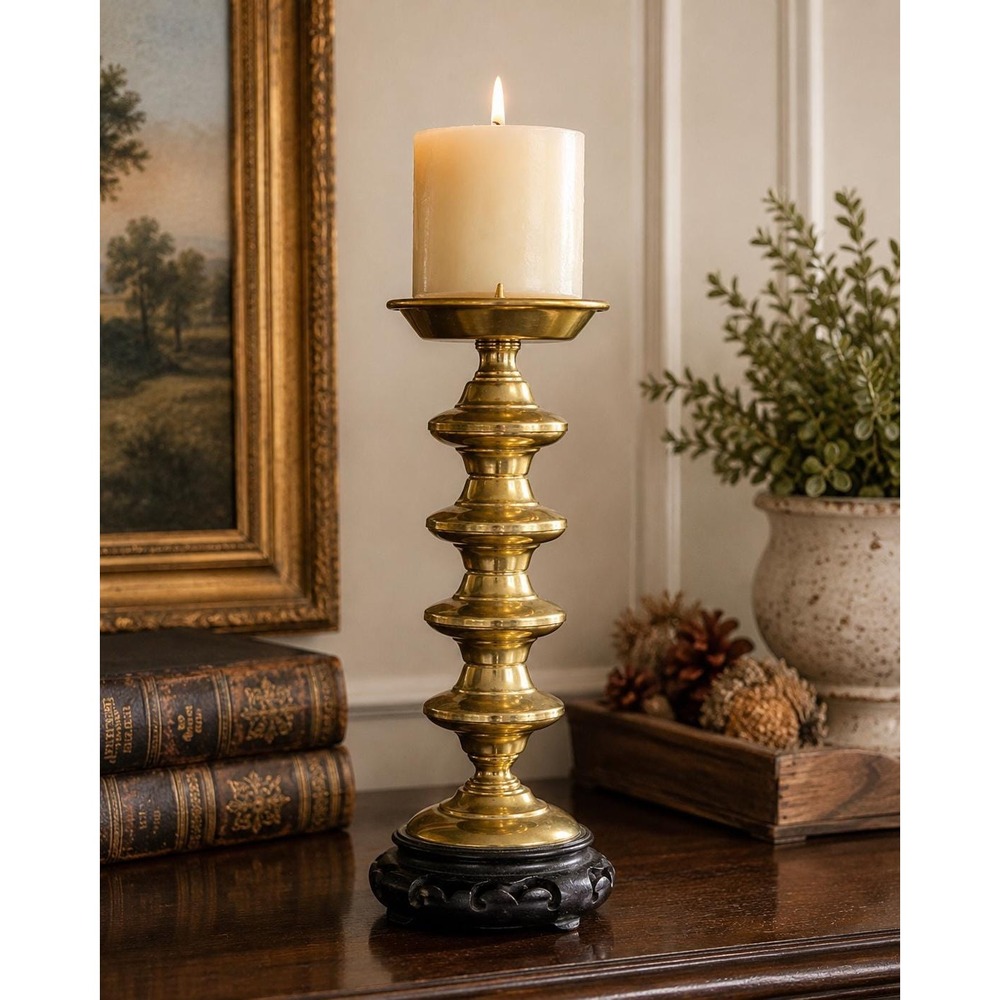 Vintage Brass Pillar Candle Holder with Black Wood Base